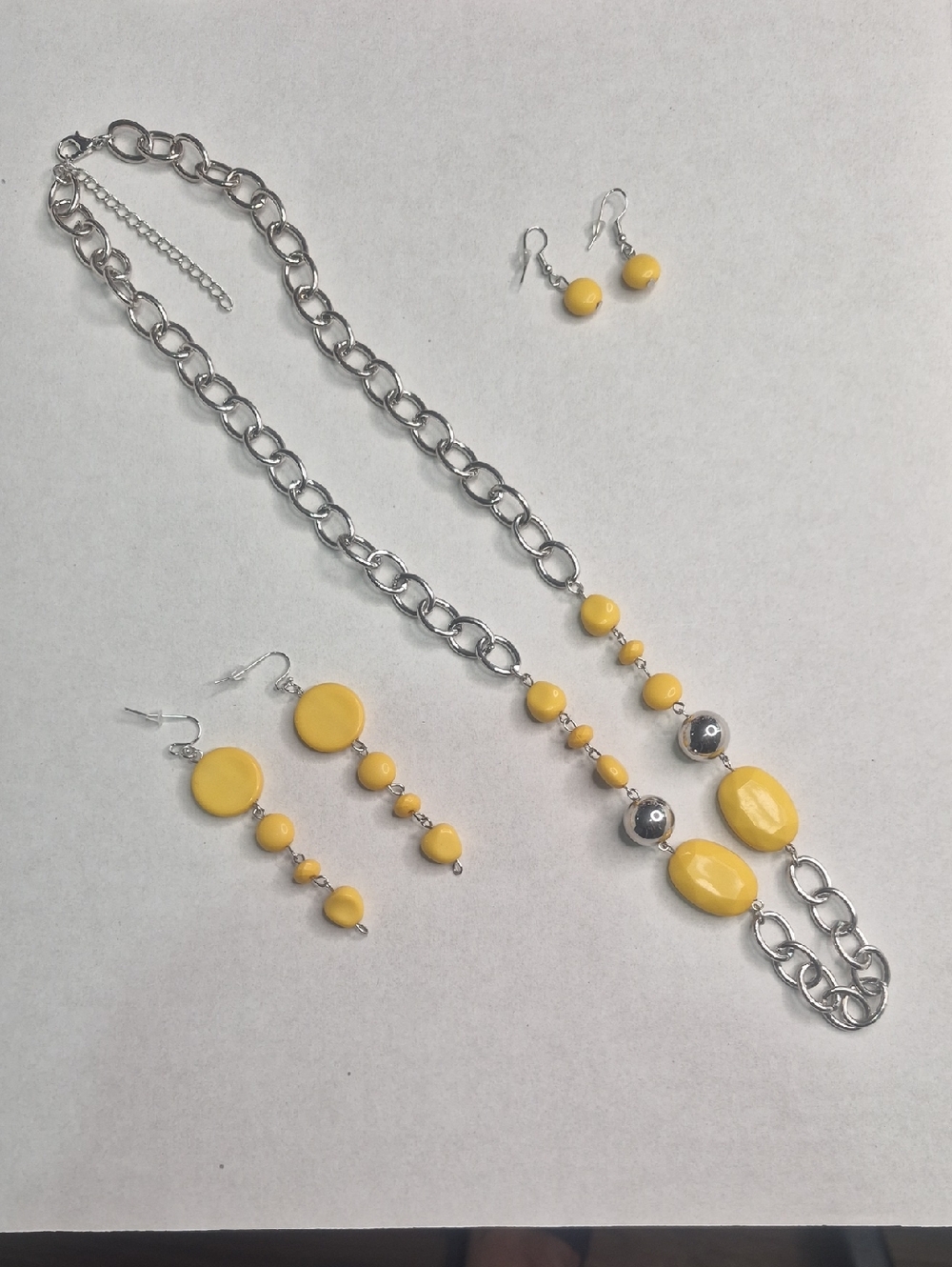 Yellow Bead & Silver Chain Women's Necklace and Earrings Set